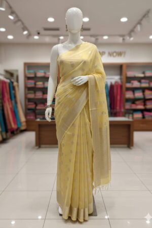Yellow Cotton Silk Saree with Silver Zari Polka Motifs
