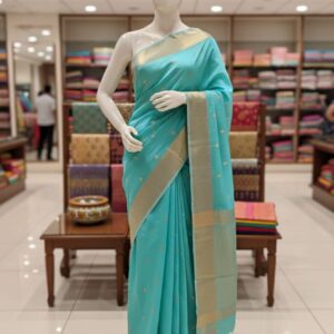 Turquoise Chanderi Silk Cotton Saree with Gold Zari Butti