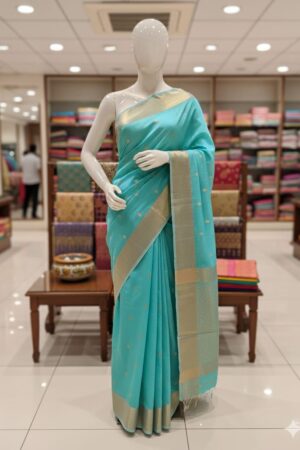 Turquoise Chanderi Silk Cotton Saree with Gold Zari Butti
