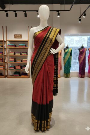 Maroon Cotton Saree with Black & Gold Zari Border