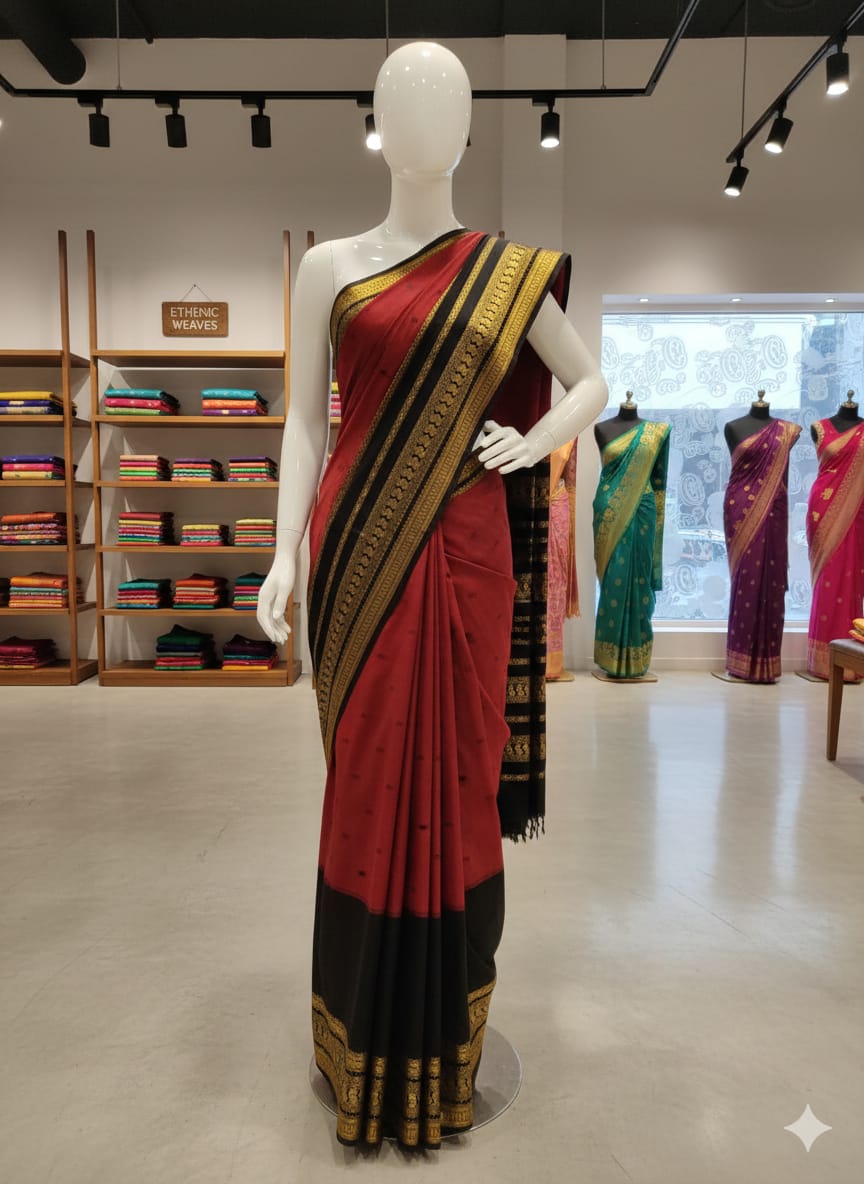 Maroon Cotton Saree with Black & Gold Zari Border
