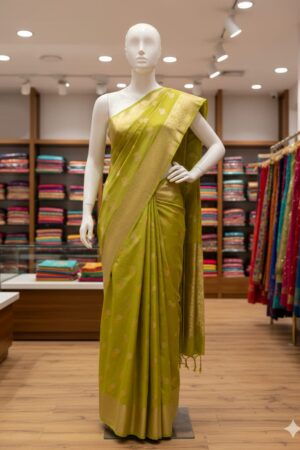Green Dola Silk Saree with Gold Zari Butti & Border