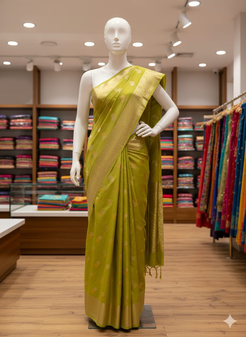 Green Dola Silk Saree with Gold Zari Butti & Border