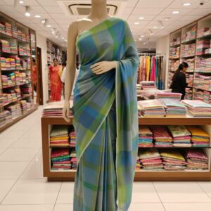 Blue & Green Checked Linen Saree with Tassel Pallu