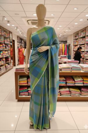 Blue & Green Checked Linen Saree with Tassel Pallu