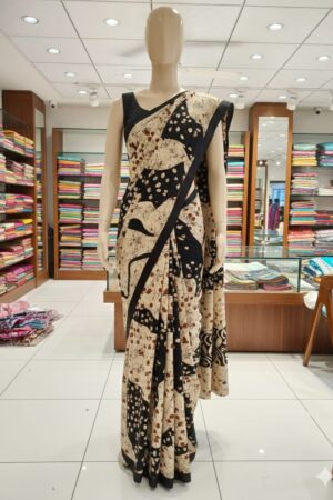 Black & Beige Mul Mul Cotton Saree with Abstract Print