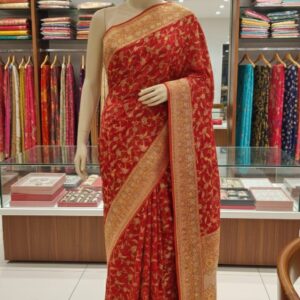 Red Organza Saree with Gold Floral Zari Work