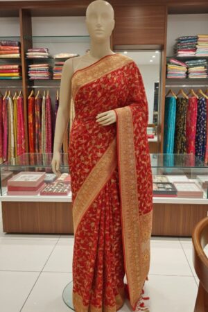 Red Organza Saree with Gold Floral Zari Work