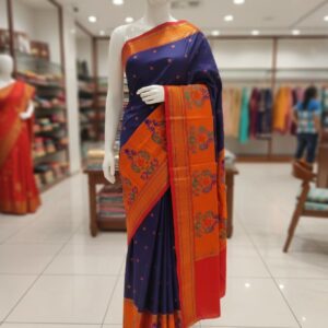 Navy Blue Paithani Silk Saree with Orange Zari Border & Traditional Motifs