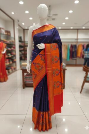 Navy Blue Paithani Silk Saree with Orange Zari Border & Traditional Motifs