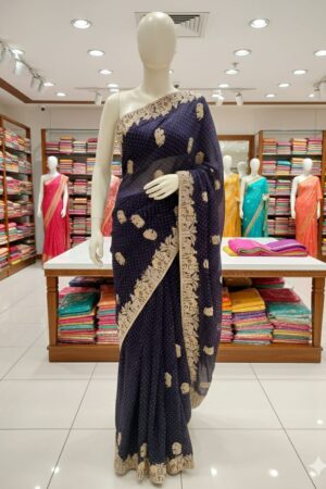 Navy Blue Designer Party Wear Saree with Gold Embroidered Border