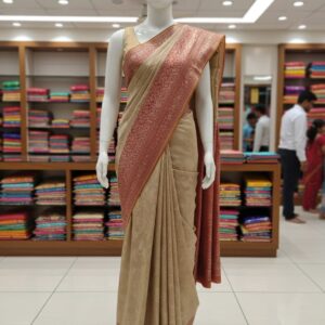 Beige Tissue Silk Saree with Maroon Zari Border & Pallu