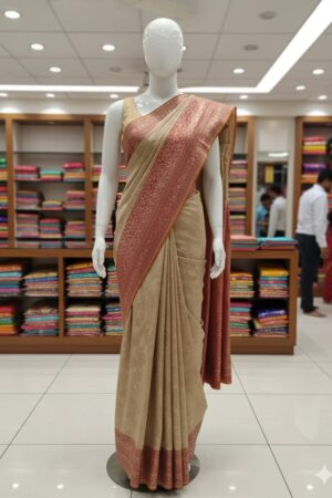 Beige Tissue Silk Saree with Maroon Zari Border & Pallu
