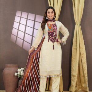 Women’s Designer Cream Embroidered Suit Set with Dupatta