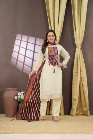 Women’s Designer Cream Embroidered Suit Set with Dupatta