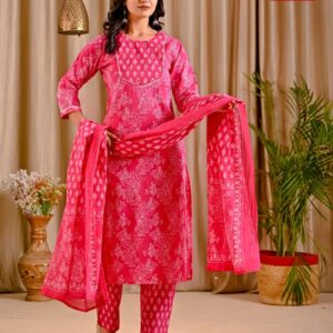 Printed Cotton Dress Material with Embroidered Panel & Contrast Dupatta