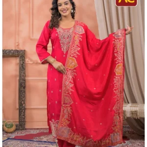 Women’s Red Designer Embroidered Suit Set with Dupatta