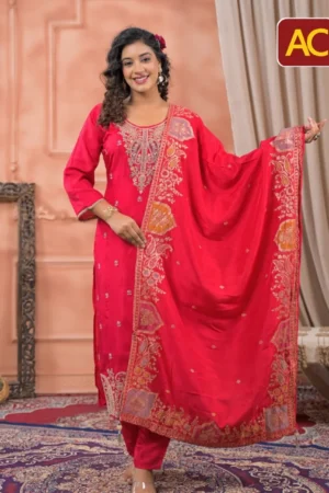 Women’s Red Designer Embroidered Suit Set with Dupatta