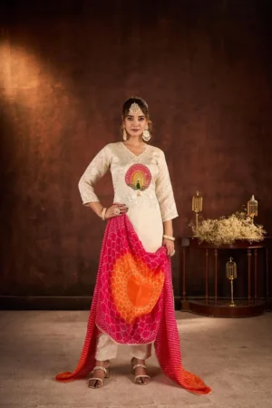 Women’s Designer Ivory Kurta Set with Bandhani Dupatta