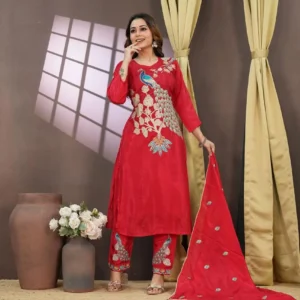 Women’s Red Designer Embroidered Kurta Set with Dupatta