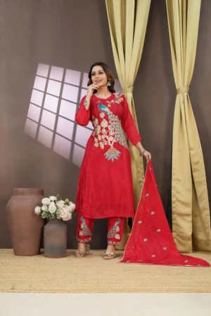 Women’s Red Designer Embroidered Kurta Set with Dupatta