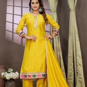 Mustard Yellow Embroidered Kurta Pant Set with Dupatta for Women