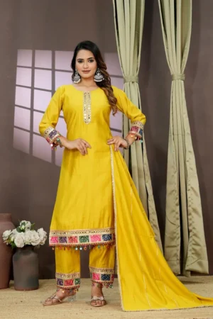 Mustard Yellow Embroidered Kurta Pant Set with Dupatta for Women
