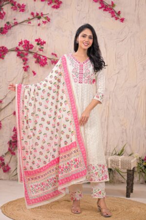 Ivory Floral Embroidered Cotton Kurta Set