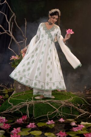 Ivory Green Printed Cotton Anarkali Set