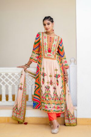 Peach Multicolor Printed Kurta Set with Dupatta