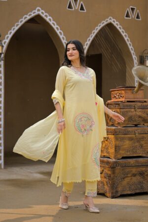 Lemon Yellow Embroidered Kurta Set with Dupatta