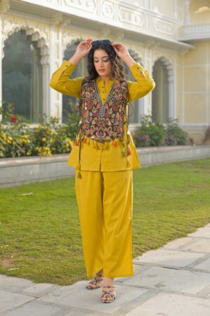 Mustard Yellow Kurta Set with Handwork Jacket