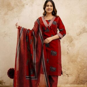 Women’s Maroon Printed Cotton Kurta Set with Dupatta