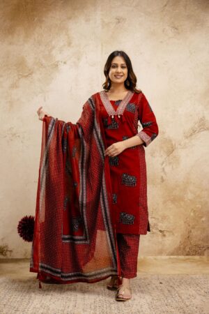Women’s Maroon Printed Cotton Kurta Set with Dupatta