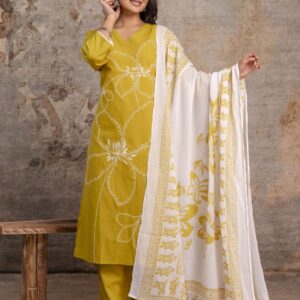 Mustard Yellow Cotton Kurti Set with Printed Dupatta