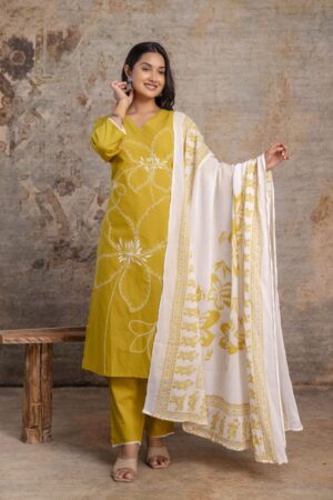 Mustard Yellow Cotton Kurti Set with Printed Dupatta