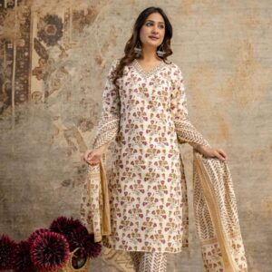 Ivory Cotton Kurti Set with Floral Printed Dupatta