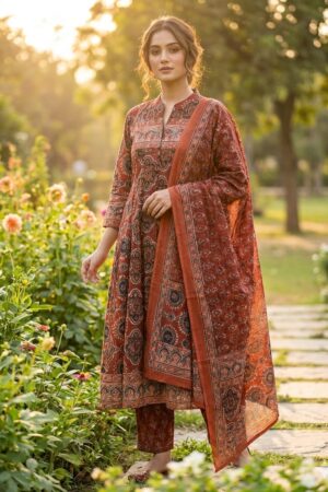 Women’s Rust Brown Printed Anarkali Suit with Dupatta