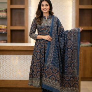 Women’s Navy Blue Printed Anarkali Suit with Dupatta