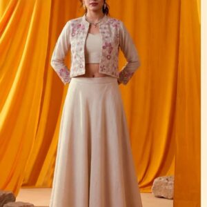 Elegant Beige Embroidered Crop Top & Flared Skirt Set with Blush Floral Jacket