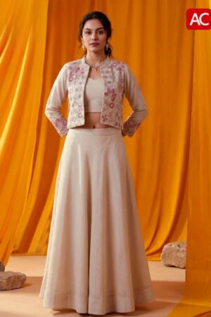 Elegant Beige Embroidered Crop Top & Flared Skirt Set with Blush Floral Jacket