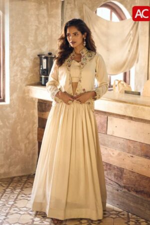 Cream Anarkali Dress with Embroidered Jacket