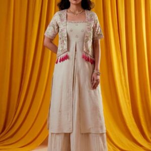 Beige Embroidered Kurta Set with Floral Jacket & Tassel Detailing