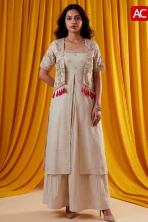 Beige Embroidered Kurta Set with Floral Jacket & Tassel Detailing