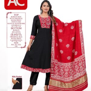 Black Roman Silk Anarkali Suit with Red Batik Print Dupatta & Handwork Patch