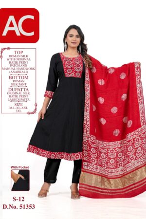 Black Roman Silk Anarkali Suit with Red Batik Print Dupatta & Handwork Patch
