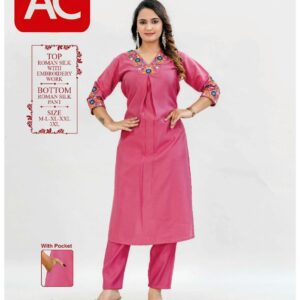 Pink Roman Silk Kurta Pant Set with Embroidery