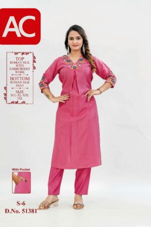 Pink Roman Silk Kurta Pant Set with Embroidery