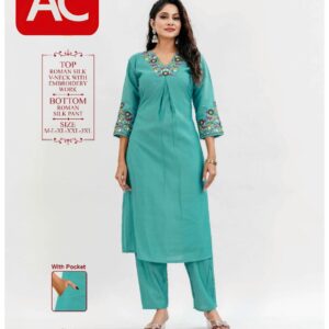 Teal Green Roman Silk V-Neck Embroidered Kurti Set with Pant & Pocket