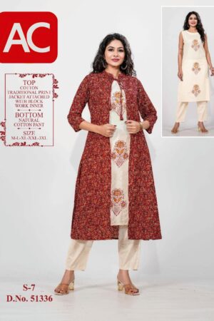 Maroon Cotton Floral Print Kurti Set with Attached Jacket & Natural Cotton Pant
